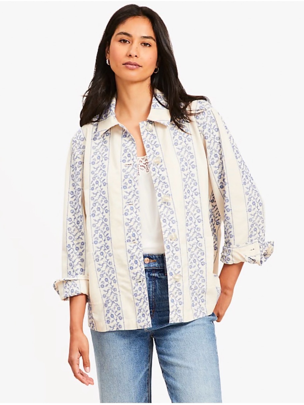 Loft Women’s Cream & Blue Patterned/Floral Chore Jacket NWT - Picture 2 of 8